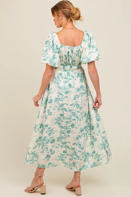 teal-floral-puff-sleeve-maternity-midi-dress