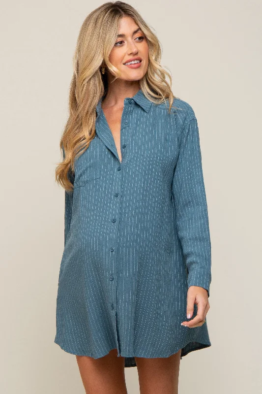 teal-pinstriped-button-down-linen-maternity-dress