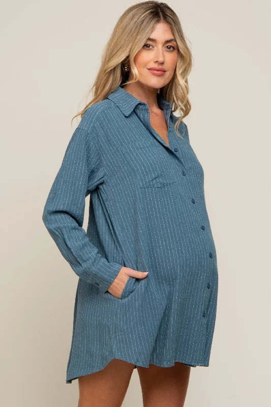 teal-pinstriped-button-down-linen-maternity-dress