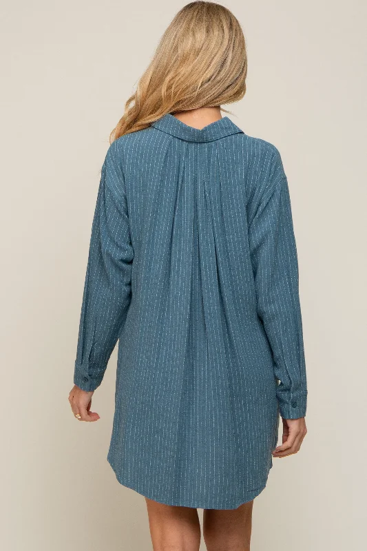 teal-pinstriped-button-down-linen-maternity-dress