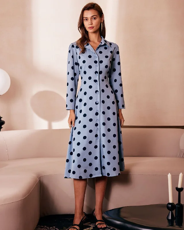 the-blue-lapel-polka-dot-button-midi-dress