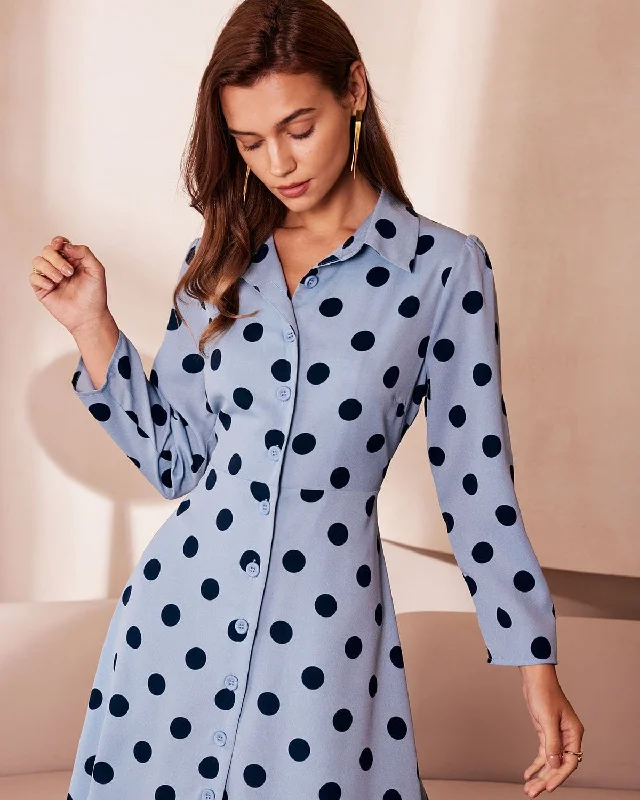 the-blue-lapel-polka-dot-button-midi-dress