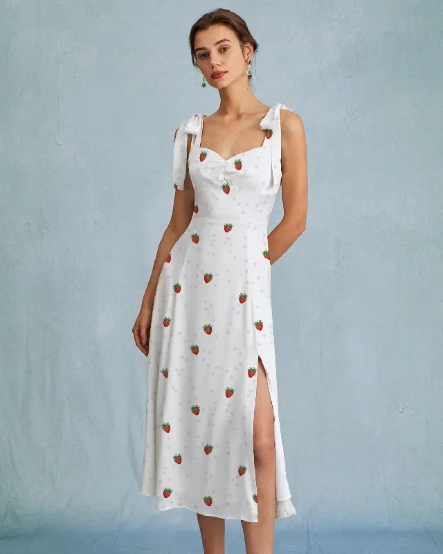 The White Strawberry Tie Strap Slit Midi Dress