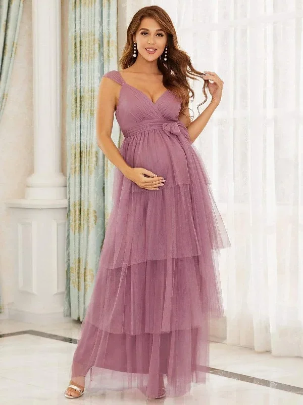 tie-waist-v-neck-tiered-floor-length-maternity-dress-ey20794