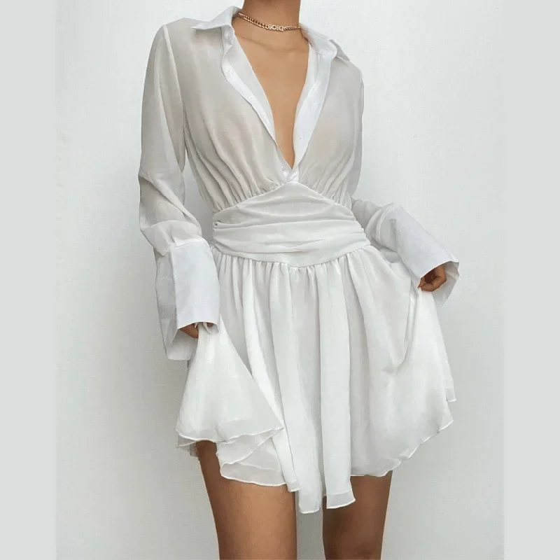 BerryBetty - Turnover collar button long sleeve ruched zip-up chiffon mini dress