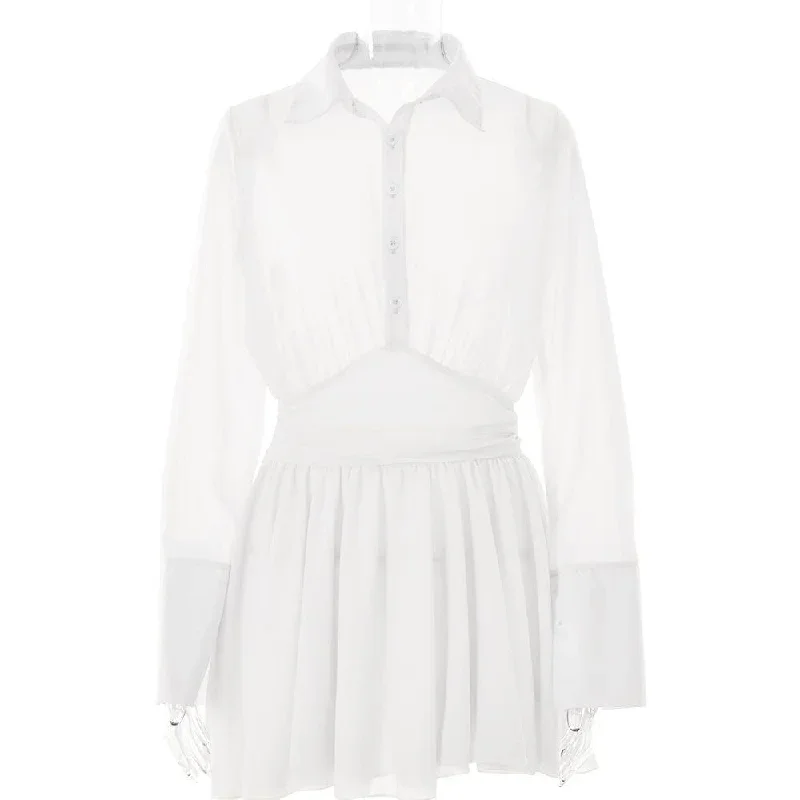 turnover-collar-button-long-sleeve-ruched-zip-up-chiffon-mini-dress