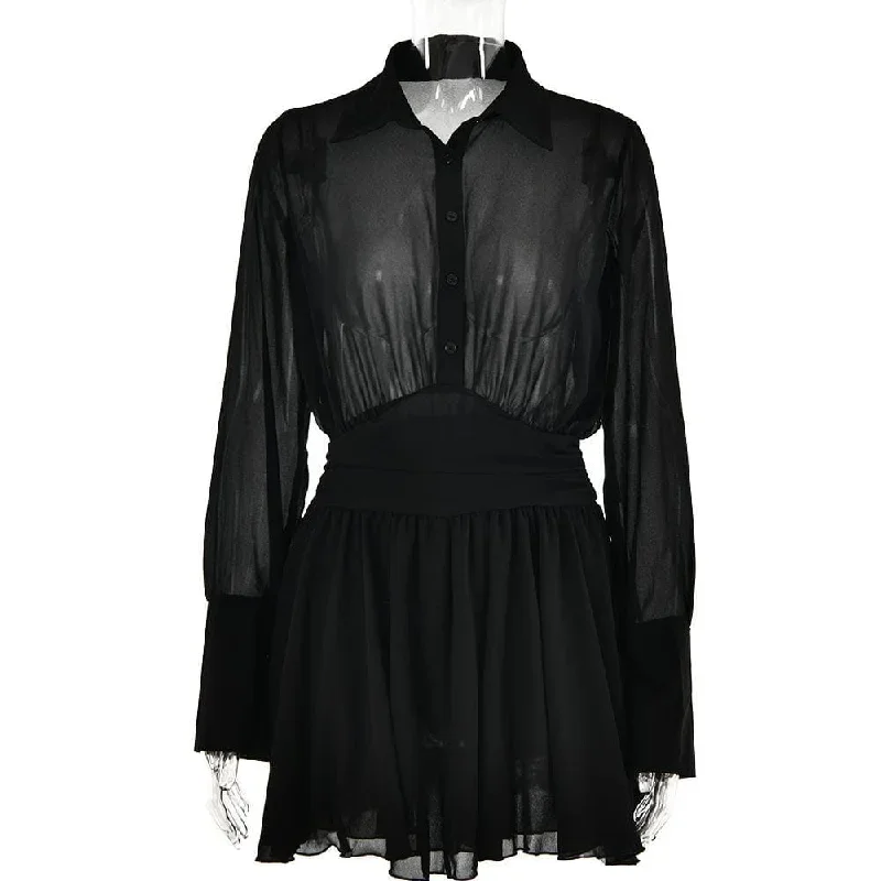 turnover-collar-button-long-sleeve-ruched-zip-up-chiffon-mini-dress