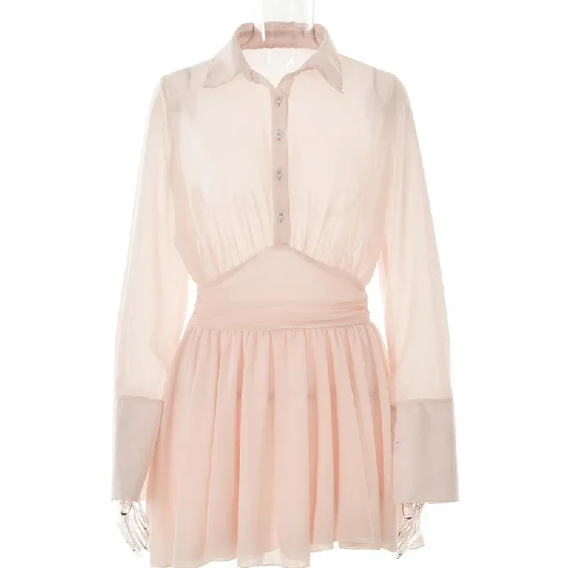 turnover-collar-button-long-sleeve-ruched-zip-up-chiffon-mini-dress