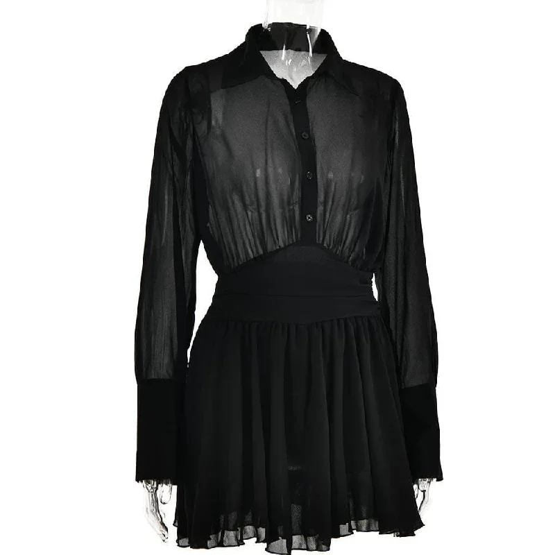 turnover-collar-button-long-sleeve-ruched-zip-up-chiffon-mini-dress