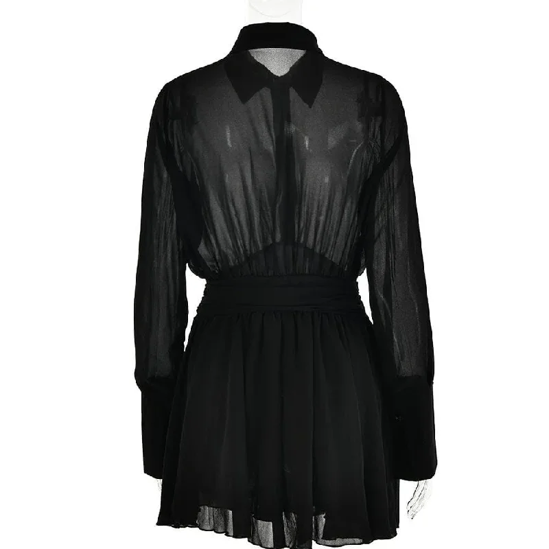 turnover-collar-button-long-sleeve-ruched-zip-up-chiffon-mini-dress