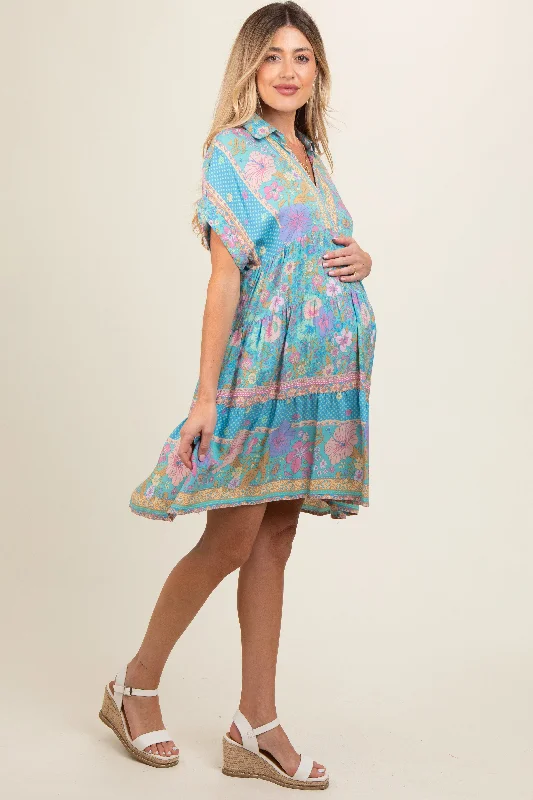 turquoise-mixed-floral-tiered-maternity-dress