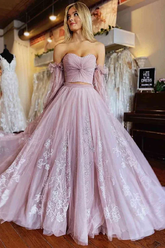 Two Piece Blush Pink Pleated Top Lace Long Prom Dress