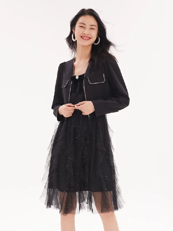 Women Jacket And Netted Gauze Dress Two-Piece Set