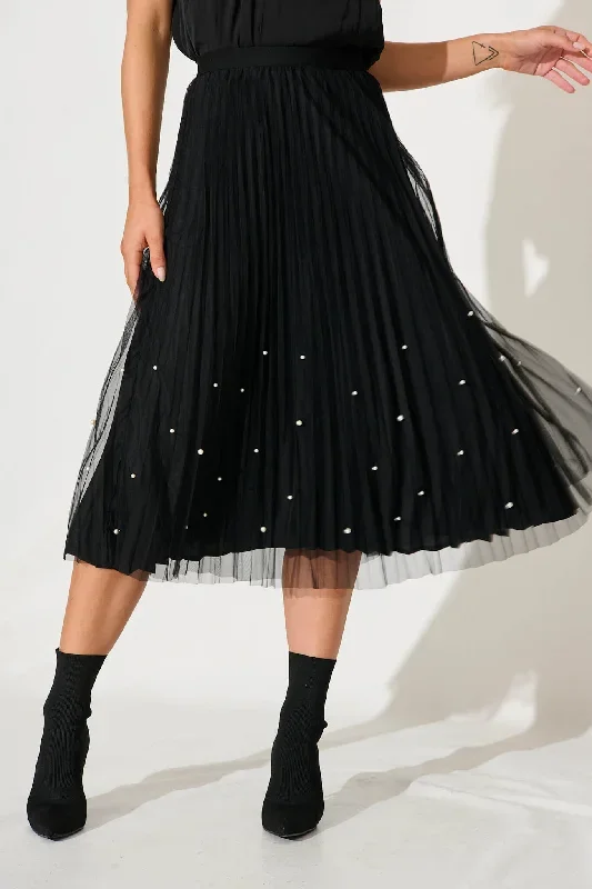 Vanna Midi Skirt In Black Tulle With Pearls