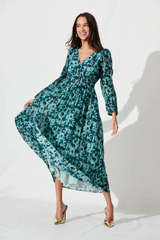 Vichy Midi Dress In Teal Watercolour Cotton Blend