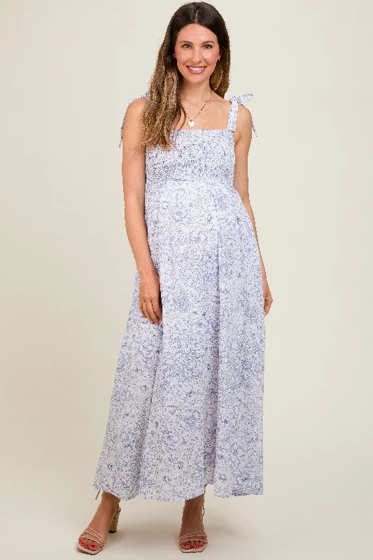 White Floral Shoulder Tie Maternity Dress