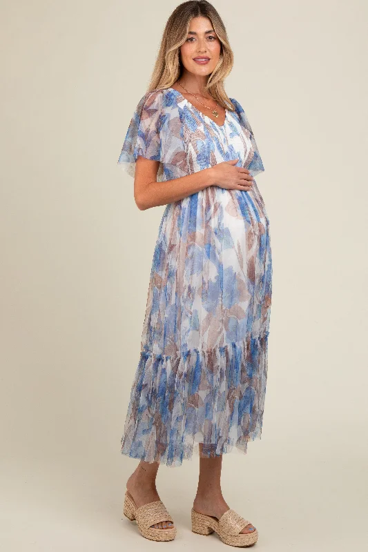 white-leaf-print-mesh-smocked-maternity-midi-dress