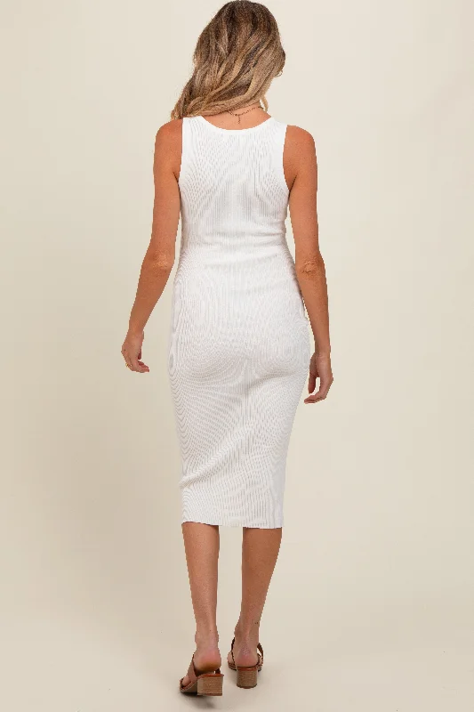 white-ribbed-fitted-sleeveless-snap-button-maternity-dress