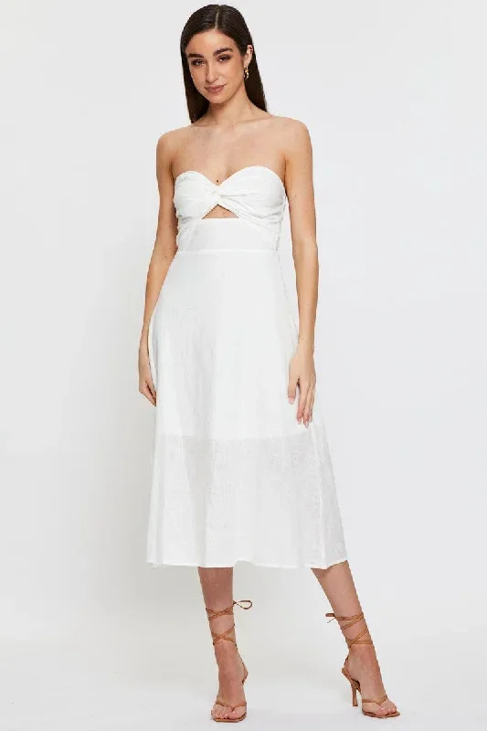 White Twist Front Bardot Midi Dress