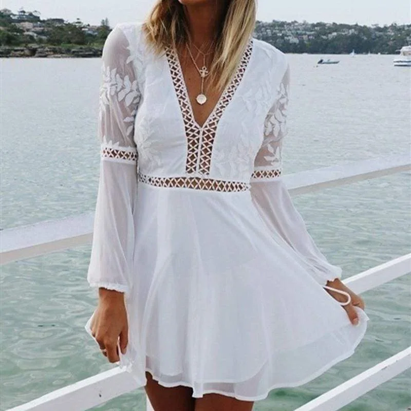 FashionSierra - Women Chiffon White Long Sleeve Lace V-neck Long Sleeve Party Evening Cocktail Short Mini Dress