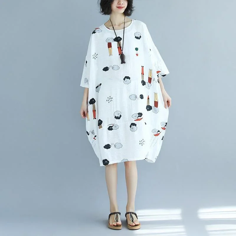 Women White Prints Cotton Shift Dresses Oversize Holiday Dresses Top Quality Bracelet Sleeved O Neck Cotton Dress