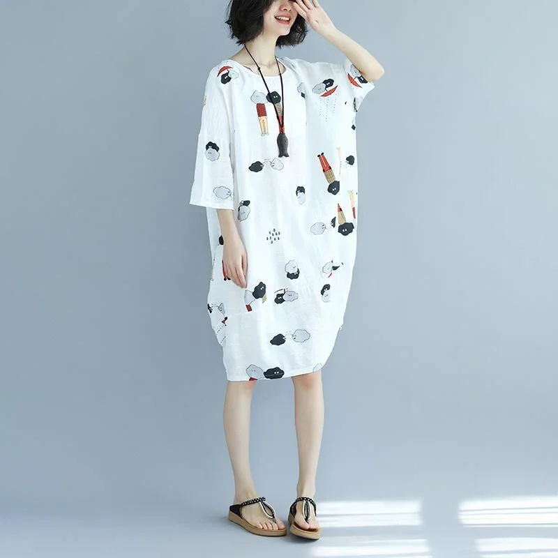 women-white-prints-cotton-shift-dresses-oversize-holiday-dresses-top-quality-bracelet-sleeved-o-neck-cotton-dress