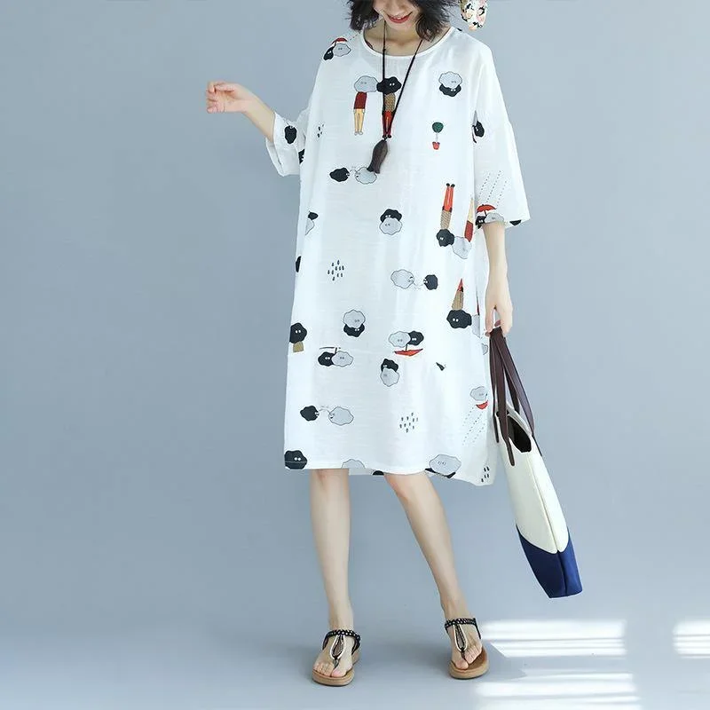 women-white-prints-cotton-shift-dresses-oversize-holiday-dresses-top-quality-bracelet-sleeved-o-neck-cotton-dress