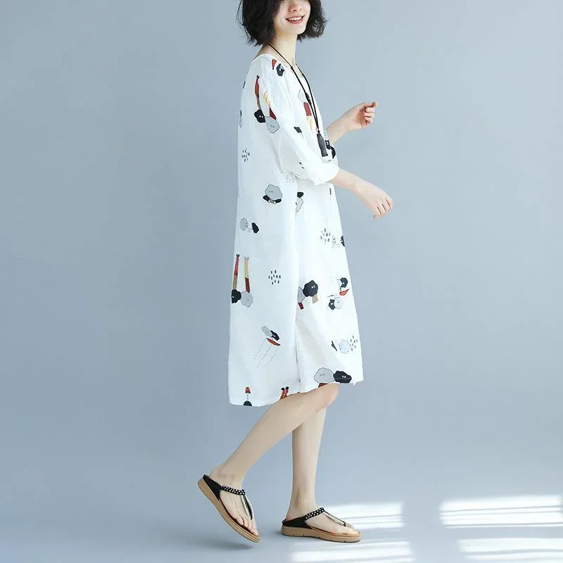 women-white-prints-cotton-shift-dresses-oversize-holiday-dresses-top-quality-bracelet-sleeved-o-neck-cotton-dress