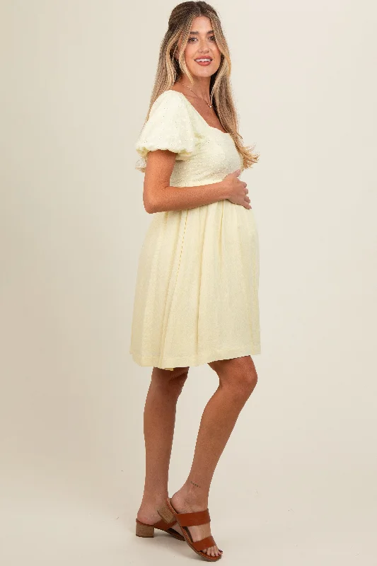 yellow-eyelet-lace-contrast-maternity-babydoll-dress