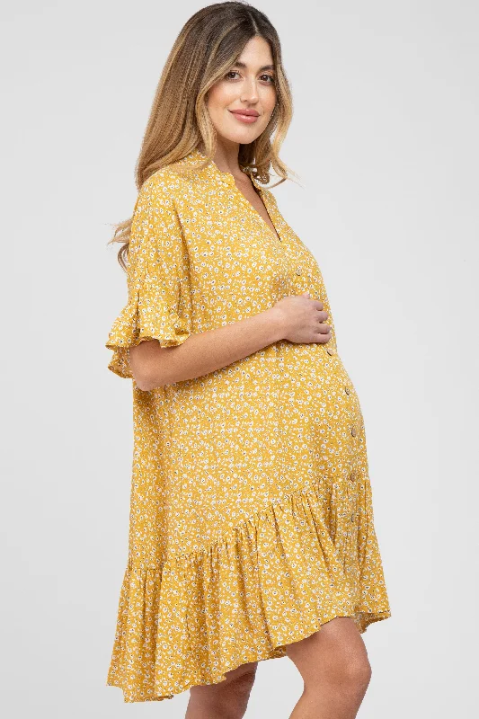 yellow-floral-ruffle-hi-lo-hem-maternity-mini-dress