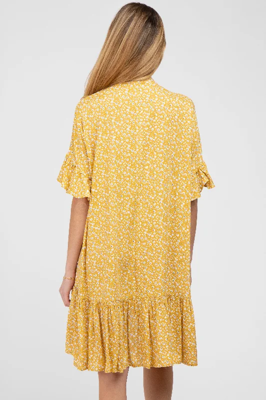 yellow-floral-ruffle-hi-lo-hem-maternity-mini-dress