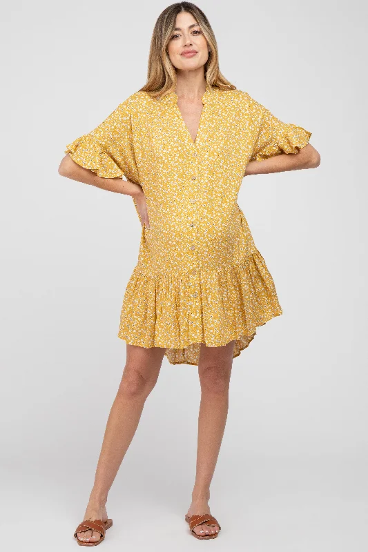 yellow-floral-ruffle-hi-lo-hem-maternity-mini-dress