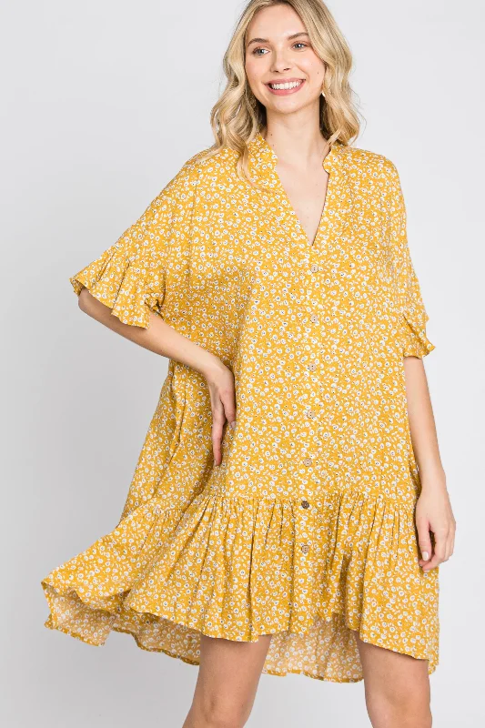 yellow-floral-ruffle-hi-lo-hem-maternity-mini-dress