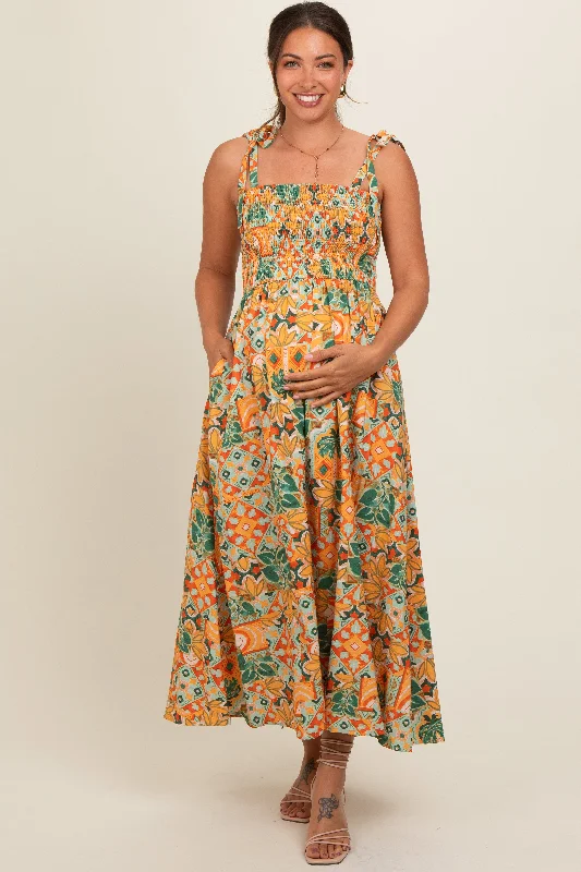 yellow-floral-smocked-shoulder-tie-maternity-maxi-dress