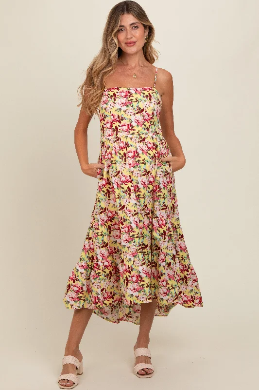 Yellow Floral Tiered Hi-Low Maternity Midi Dress