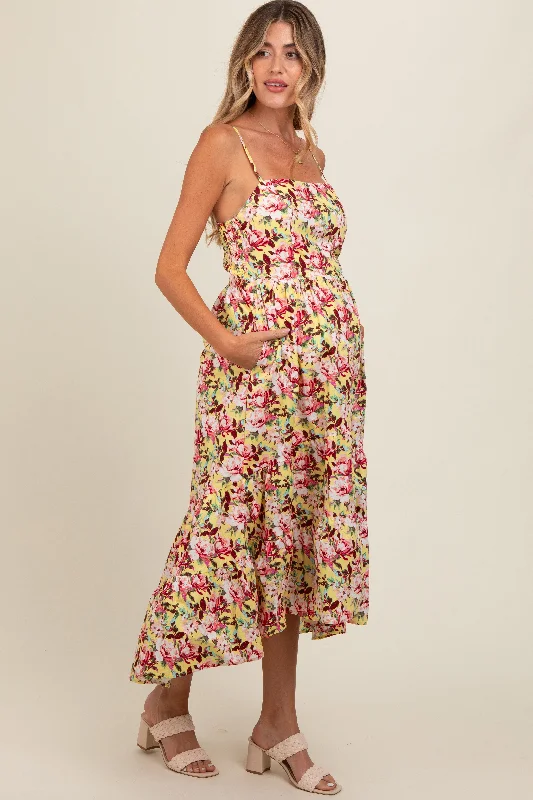 yellow-floral-tiered-hi-low-maternity-midi-dress