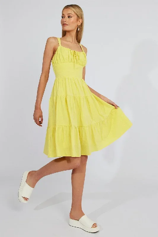 Yellow Midi Dress Strappy Tiered